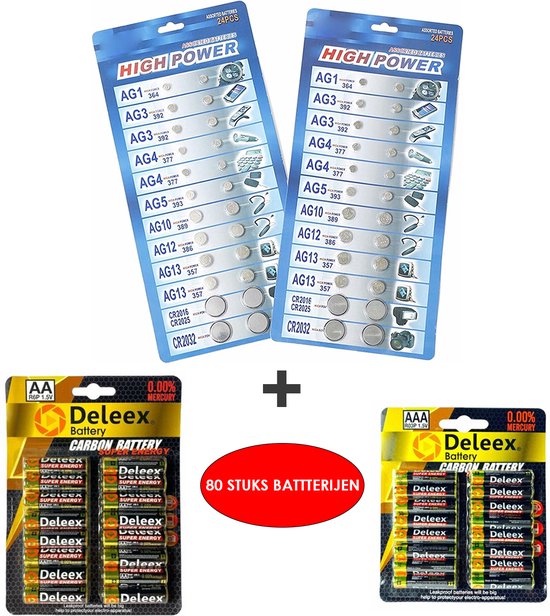 80 Stuks Batterijen Mix AG1/AG3/AG4/AG5/AG10/AG12/AG13/CR2016 CR2025 ...