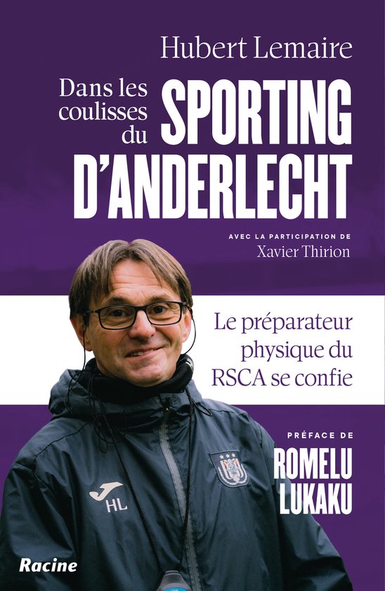 Livre 'Dans les coulisses du Sporting Anderlecht' avec Hubert Lemaire et le logo du Sporting Anderlecht.