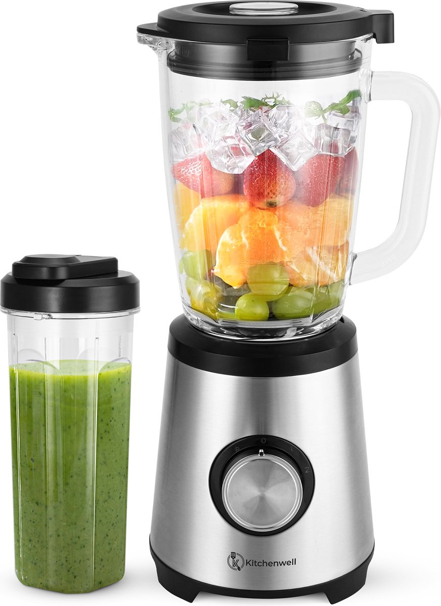 Kitchenwell Blender - Krachtige 1300 Watt Smoothieblender met To-Go Beker - 1.75 Liter - Glazen Kan - 3 Standen - RVS/Grijs