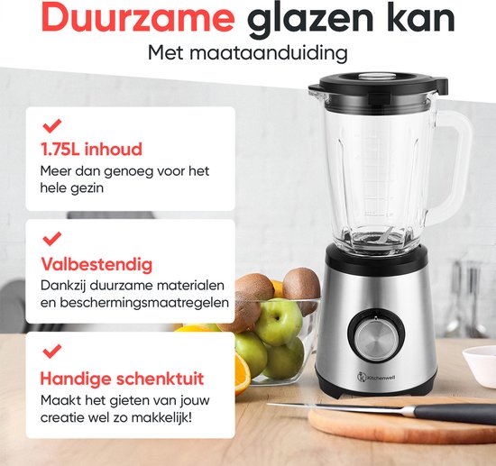 Glazen blenderkan van 1.75L met schenktuit en maataanduiding.