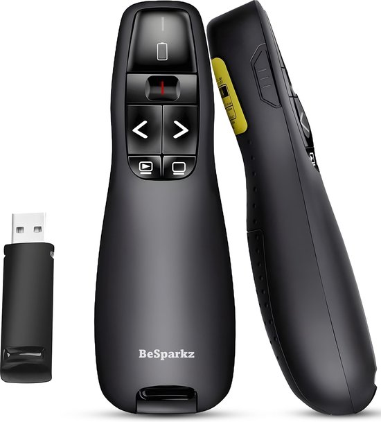 BeSparkz Presentatie Klikker - Draadloze Presenter voor Presentatie - USB Powerpoint Afstandsbediening met Laser Pointer - Zwart