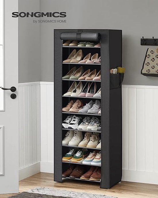 SONGMICS schoenenrek met 10 niveaus, met stofdichte afdekking, schoenenkast, schoenenrek, schoenenopberger, voor maximaal 45 paar schoenen, voor woonkamer, gang, 100 x 28 x 162 cm, zwart RXJ00H