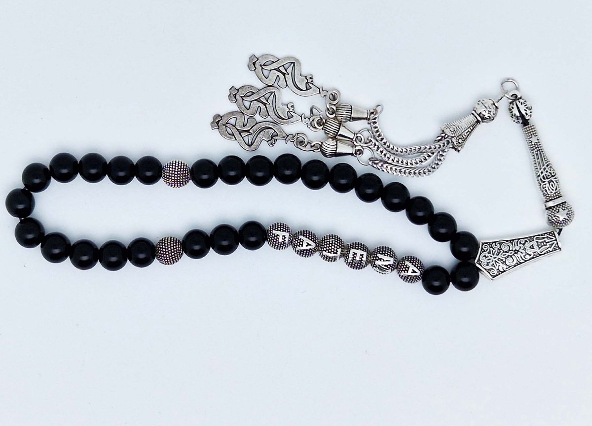 Handgemaakte naam tasbih 33 Kralen Natuursteen “ Obsidian” - met metaal tassel “Mijn moeder"- Met je naam of de naam van uw geliefde- 8 mm diameter van de korrel