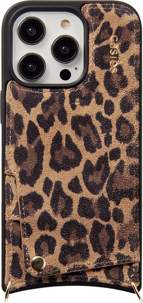 Casies leren panterprint hoesje geschikt voor Apple iPhone 16 met gouden hangers voor koord - 100% echt leer - Leopard - Smartphone case zonder cord