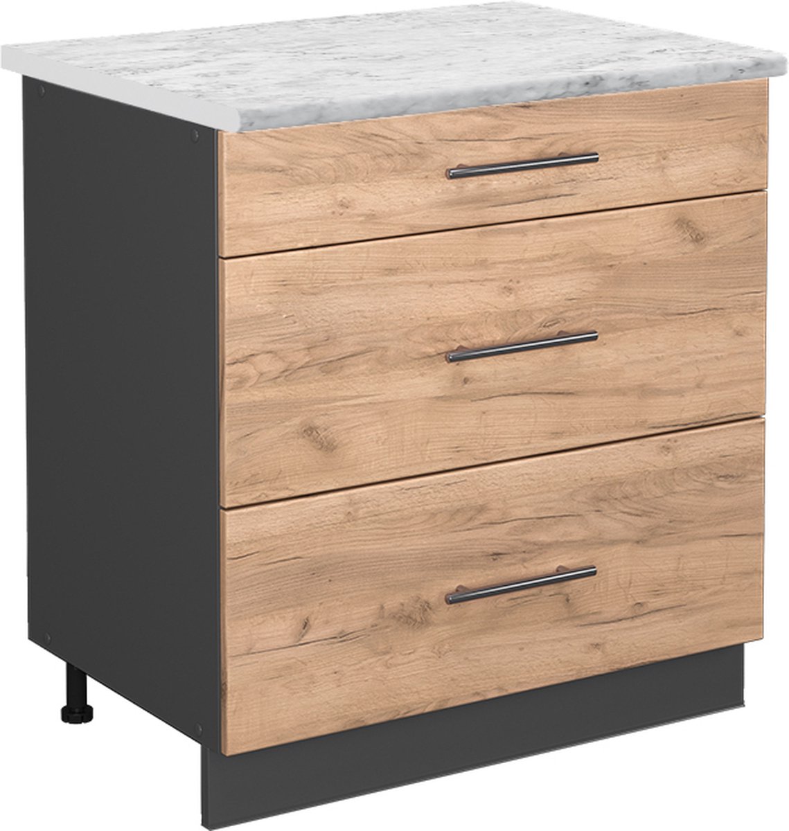 Vicco Fame-Line Keukenonderkast – 80 cm met 3 laden, WB Marmer Krachtige eik goud Goudkleurig Eiken/Antraciet