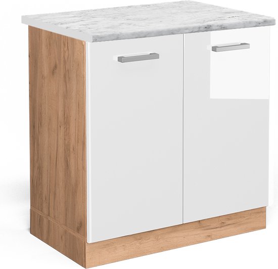 Vicco Meuble vasque R- Line, Wit brillant/Chêne doré puissant, WB 80 cm Marbre