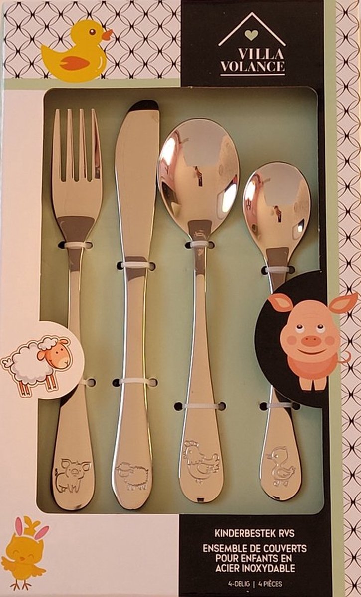 Goedkoopste Boerderij kinderbestek - RVS 4- delig Kinderbestekset - boerderijdieren - mes - vork - lepel - desertlepeltje - Kinder bestekset dieren - bestek voor peuters - kraamcadeau