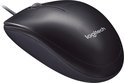 Souris Logitech M90 filaire noire avec logo, vue de trois quarts par le dessus.