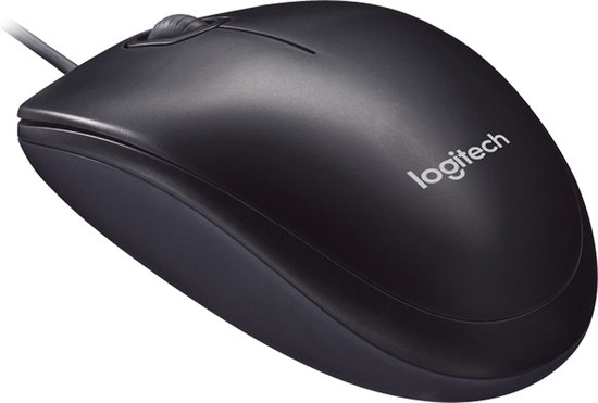 Souris Logitech M90 filaire noire avec logo, vue de trois quarts par le dessus.