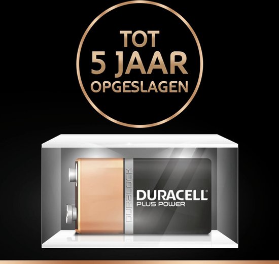 Duracell Plus Power 9V batterij in verpakking, "Tot 5 Jaar Opgeslagen" tekst.