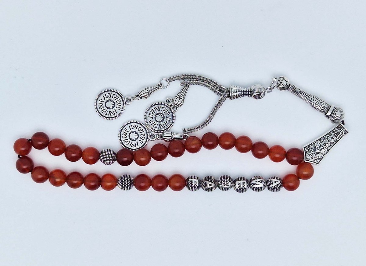 Handgemaakte naam tasbih 33 Kralen Natuursteen “ Rood Agaat” - met metaal tassel “palm"- Met je naam of de naam van uw geliefde- 8 mm diameter van de korrel