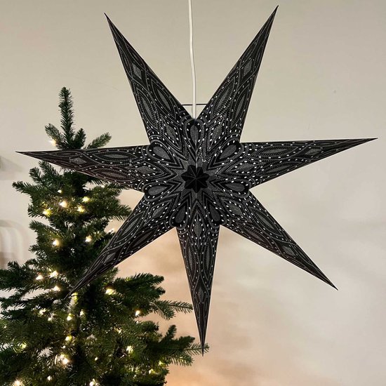 Kerstster papier met verlichting - 60 cm diameter, 24 cm diep - Kerst ster voor binnen - Nova Zwart/Zilver Glitter - FSC papier - Incl. 3 m. snoer met stekker, schakelaar en E14-fitting - Kerst Raam decoratie - Kerstversiering - Kerstverlichting