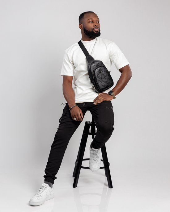 Savory Fashion - Bandoulière - Slingbag - Serrure à empreinte digitale - Zwart - Cuir - Motif bloc - Unisexe