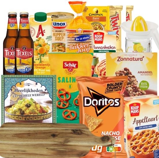 Kerstpakket - Thema 'GEEL' - Voedingspakket - Relatiegeschenk - Vol met Lekkernijen - Kerst Tip - met Kookboek en Borrelplank