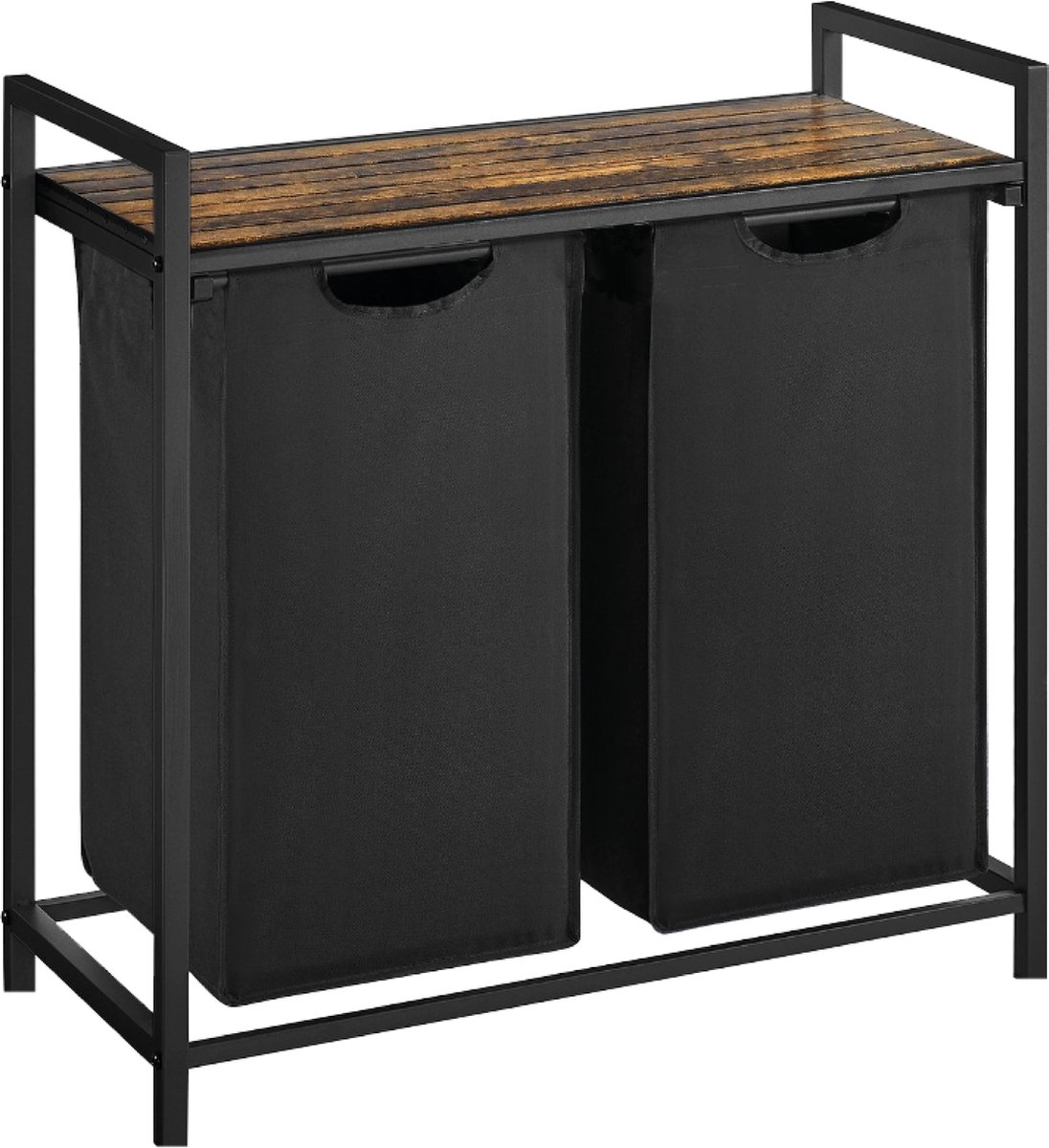 Goedkoopste BRASQ Wasmand 2 vakken - Wassorteerder 76 Liter - Uitschuifbaar met Plank 73x33x71 cm - Wasbox Zwart Metaal - Bruin hout - Basket