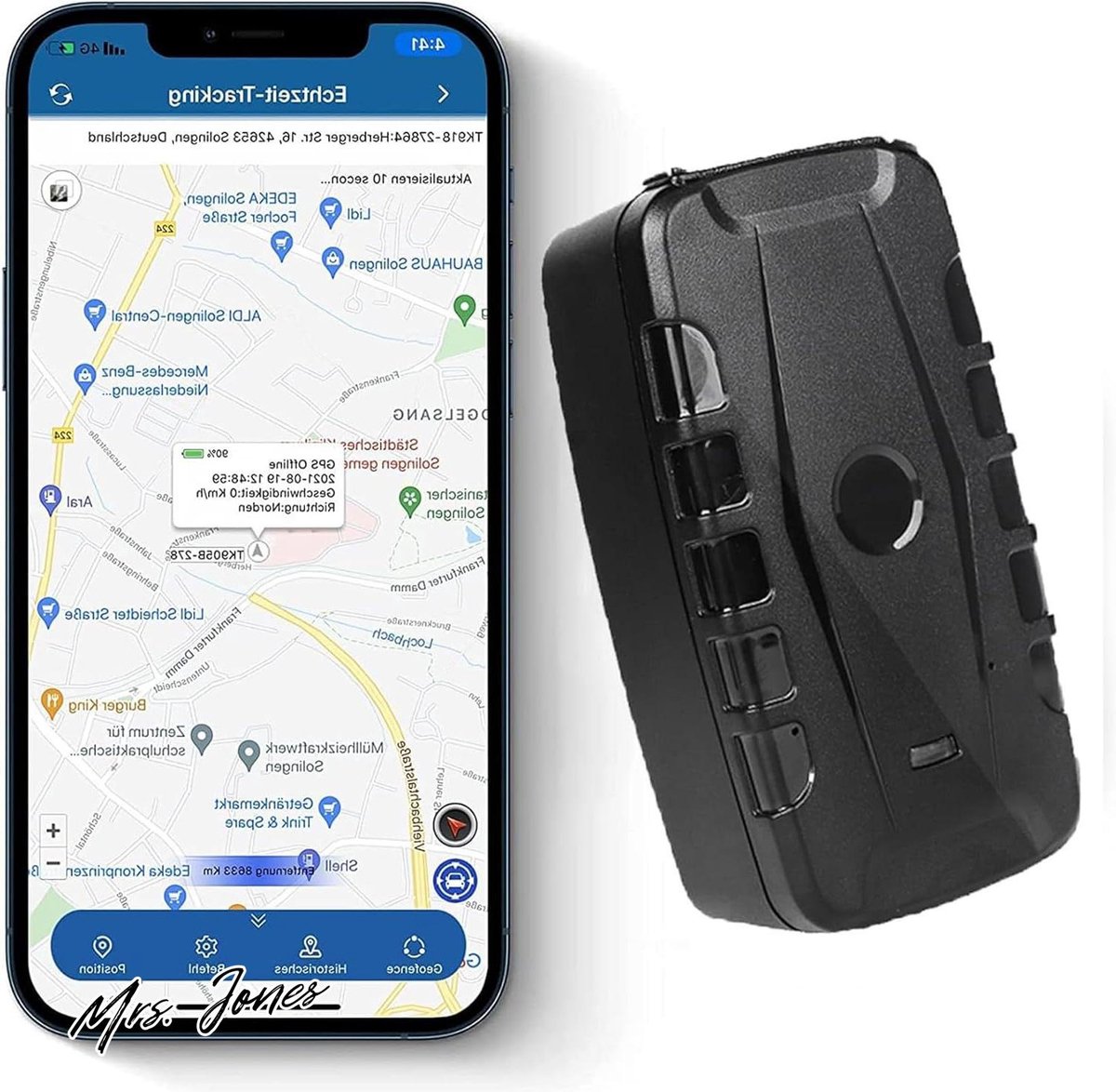 Mrs. Jones GPS-tracker autotracker zonder abonnement vrachtwagenlocator volg de real-time tracker met alarmfuncties auto vandalisme extra lang 20.000 mAh 20.000 mAh .
