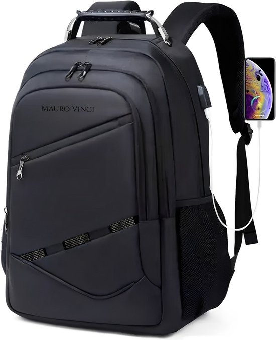 Rugzak heren dames zwart Mauro Vinci Ruzo met carbon fiber strepen met usb oplaadpoort. bol