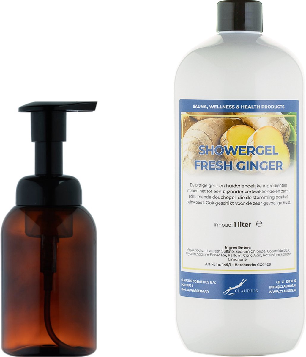 Goedkoopste Zeepdispenser 300 ml amber bruin hervulbaar 1 liter Showergel Fresh Ginger navulling