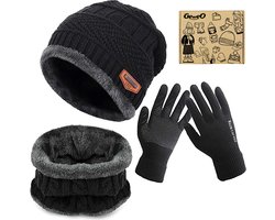 Geweo Hoed Colsjaal Handschoenen Set - Mutsen - Sjaal - Handschoenen - Gebreide Baggy Warme Skimutsen - Wintermuts Gevoerd Wol - Unisex - Kerst Geschenk - Zwart - Kerstmis - Kerstfeest - Christmas Gift