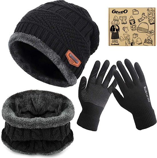 Geweo Hat Snood Gants Set - Bonnet chaud tricoté Baggy - Bonnet d'hiver doublé en laine - Unisexe - Cadeau de Noël - Zwart
