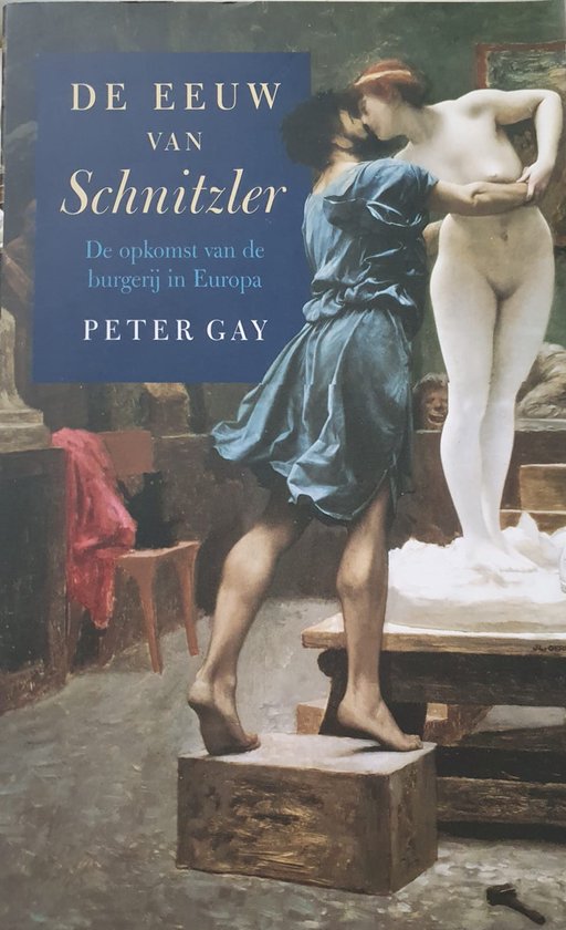Boekcover met de titel "DE EEUW VAN Schnitzler". Afbeelding van een schilderij met twee figuren en een beeldhouwwerk. Peter Gay is de auteur.