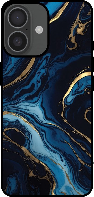 Smartphonica Phone Case Convient pour iPhone 16 avec imprimé marbre - Coque arrière en TPU Design marbre bleu doré - Blauw Or adapté pour iPhone 16