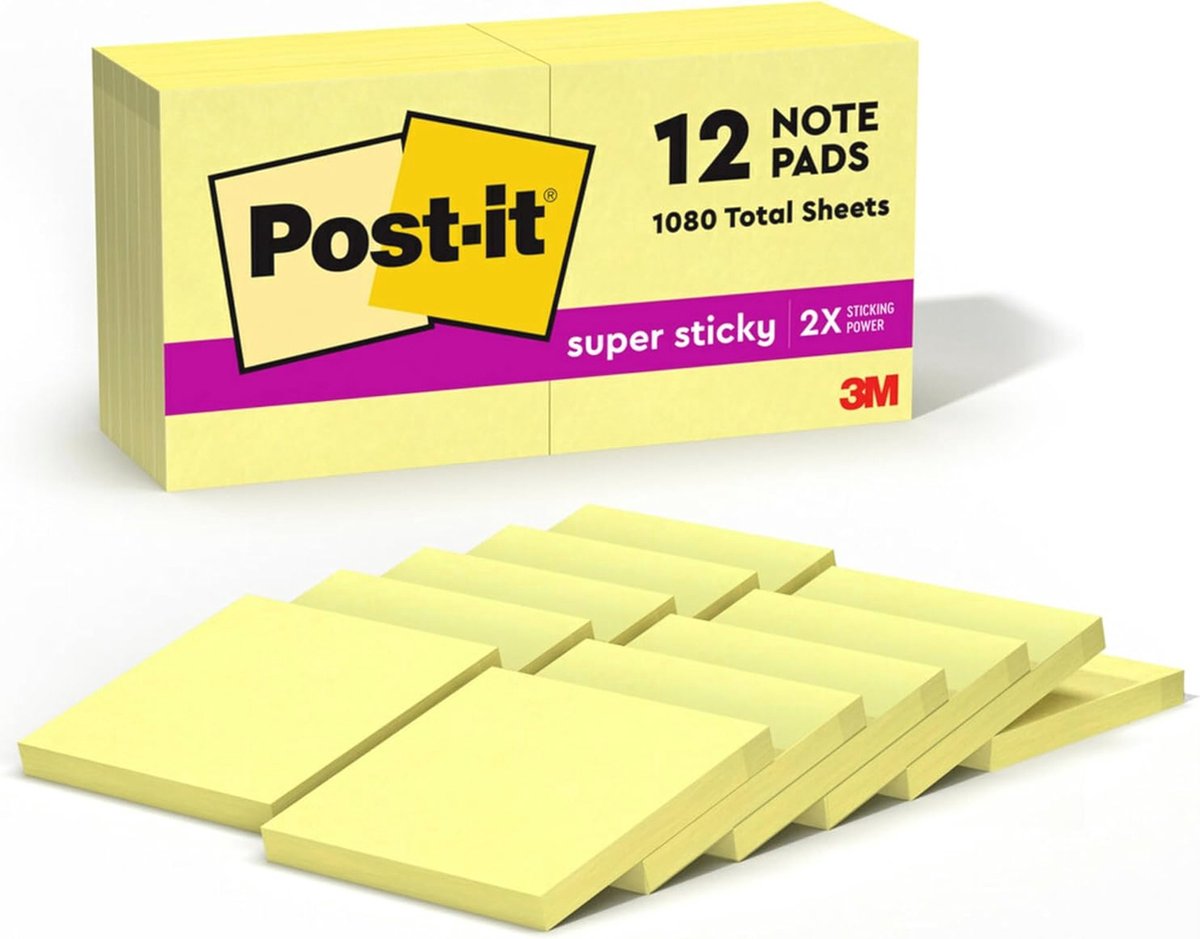 Super Sticky Notities Geel - 12 Verpakkingen van 90 Vellen - Ideaal voor Notities en Herinneringen