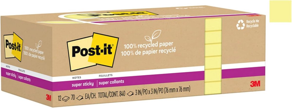100% Gerecycled Papieren Super Sticky Notities 3x3 inch - 12 Pads met 70 Vellen