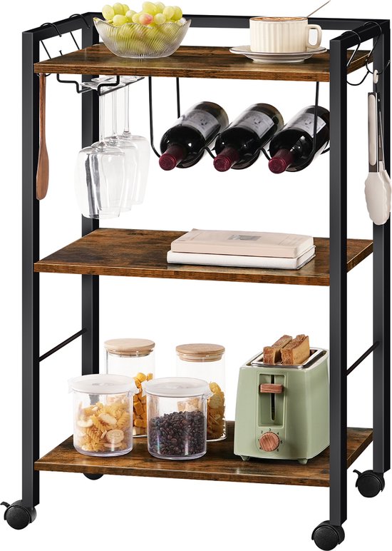 IN.HOMEXL - Ernest - Keukentrolley - Keukentrolley op wieltjes - Multifunctionelle trolley - Keukentrolley met lades – Rolkast – Serveerwagen – Bruin - Zwart - 52x40x84cm