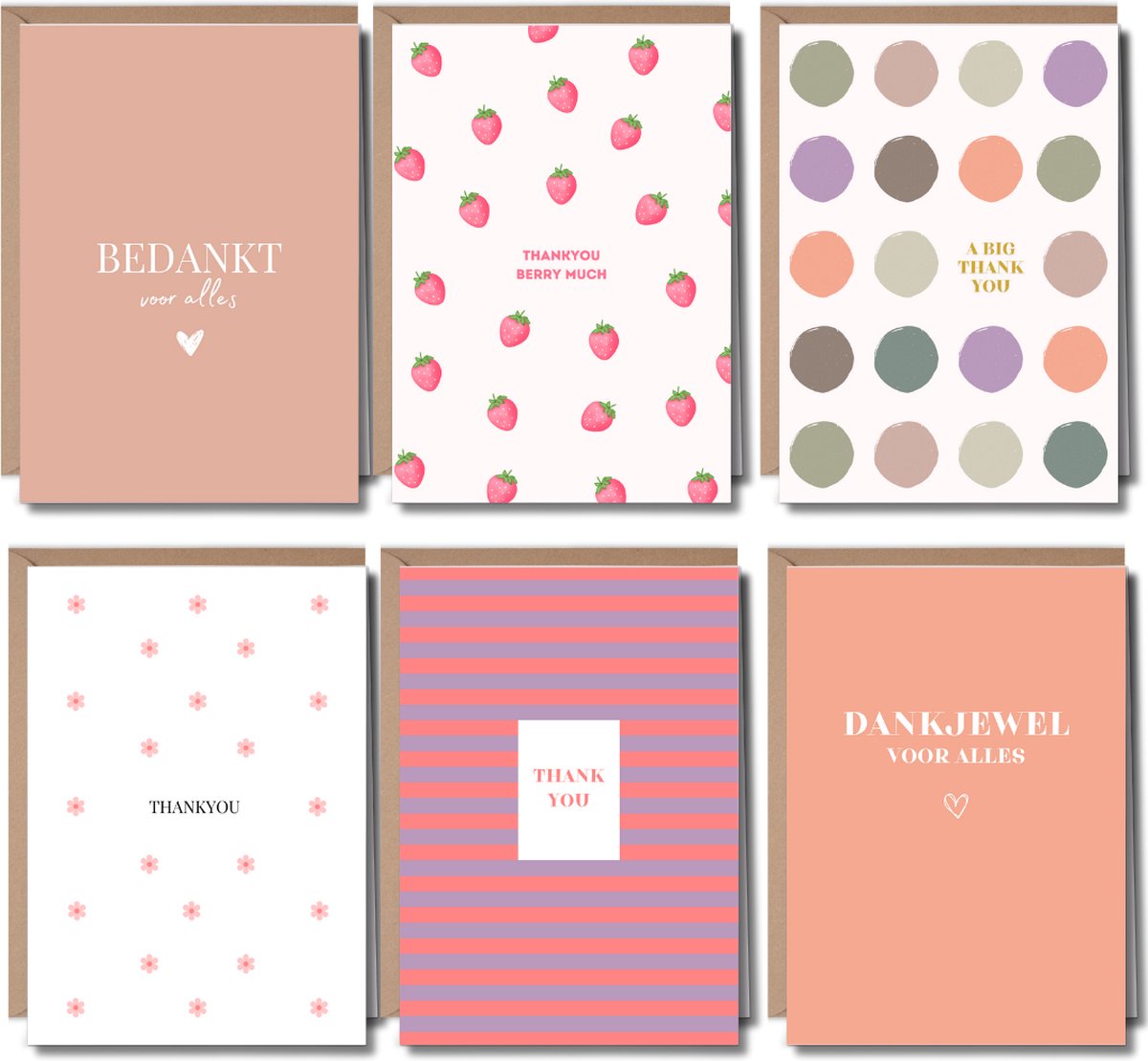 Luxe Bedankkaarten Set - 6 Wenskaarten met Enveloppen - Bedankt Kaartjes - Bedank Kaarten - Juf & Meester - A6 - Blanco - Kleurrijk