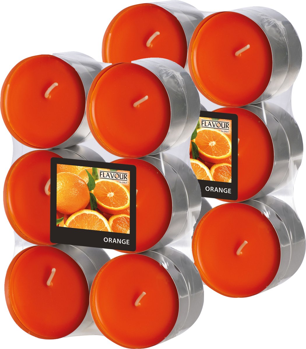 Conpax Candles Geur theelichtjes/waxinelichtjes - Maxi - 24x - Sinaasappel aroma - 8 branduren Oranje