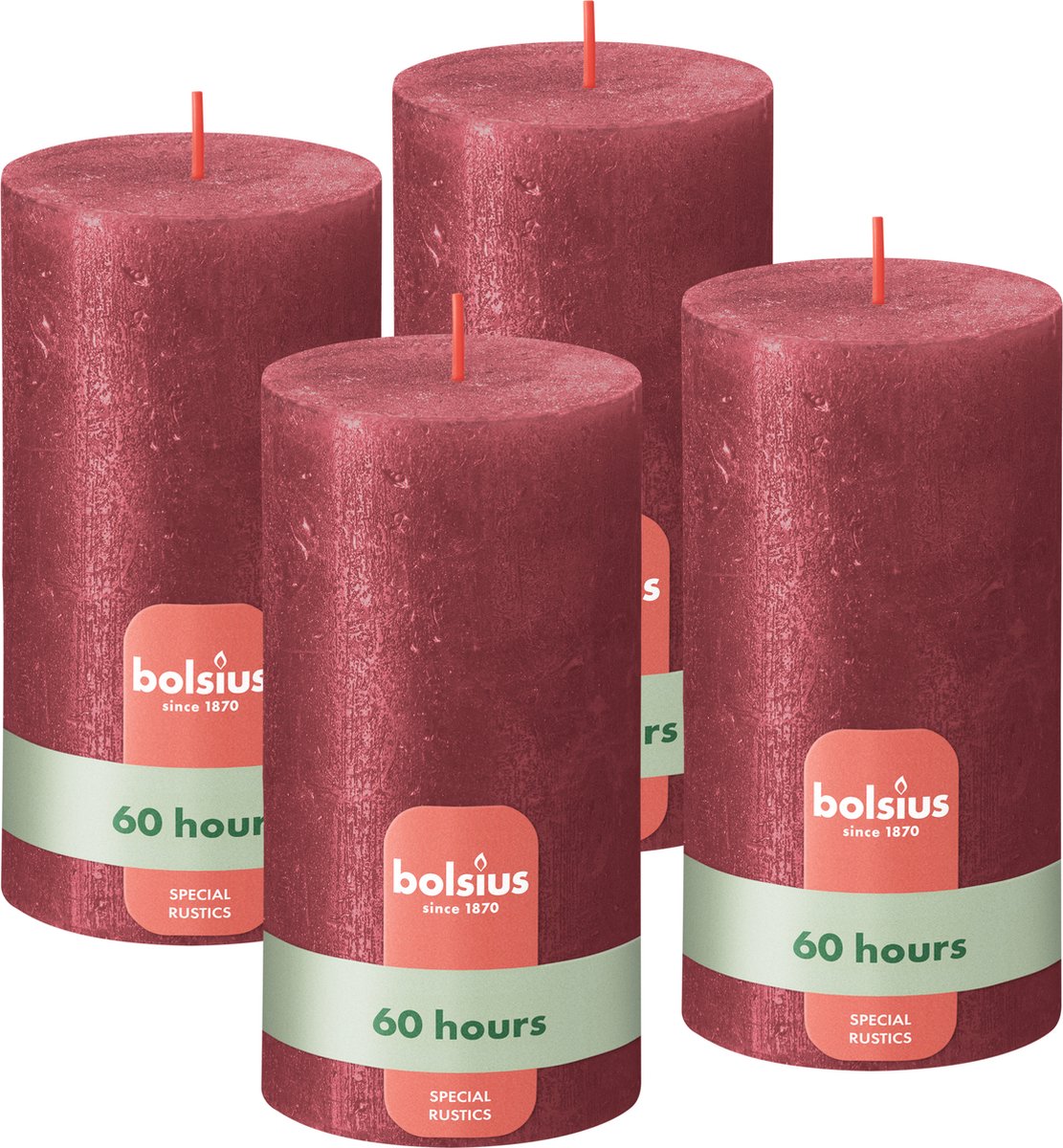 Bolsius Rustieke kaars Shimmer - 4 Stuks - Metallic Rood - 13cm - 60 Branduren