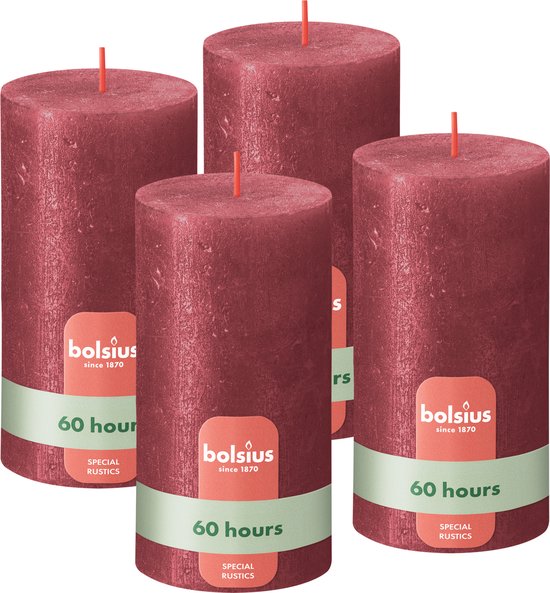 Bolsius - Bougie Rustique Shimmer - 4 Pièces - Métallisé - Rouge - 13cm