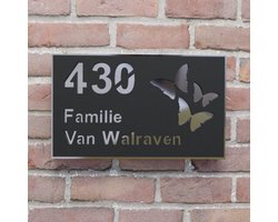 Naambordje voordeur - Huisnummerbord - Rechthoek vlinder - 25x15 - zwart/zilver - blinde bevestiging