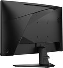 Achterkant van een zwarte gebogen gaming monitor met MSI logo.