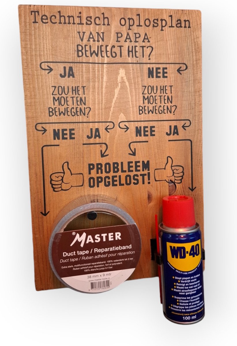 Vaderdag PAPA grappig stoer humor leuk Technisch oplosplan van papa WD-40 Ducttape tape cadeau tekstbord garage werkplaats cadeau NL mancave houten tekstbord wandbord