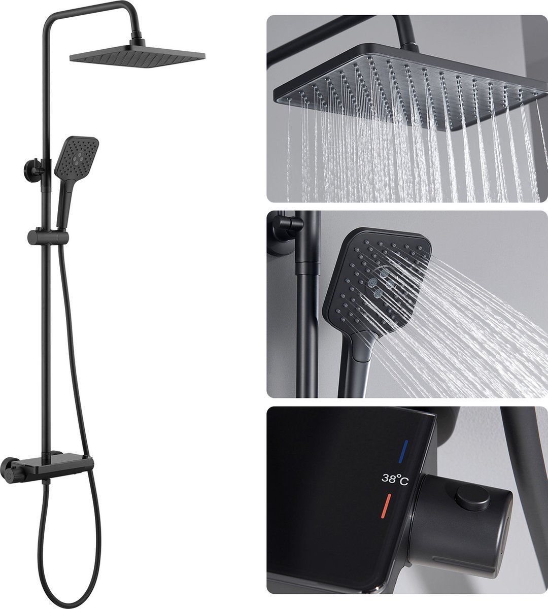 Lonheo max Regendouche met Thermostaatkraan - Douchesysteem set Zwart - Hoofddouche en Handdouche - Douchekop met 150cm slang - 360° Draaibaar - Zwart