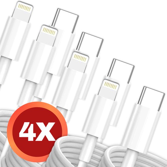4x Oplader - Geschikt voor Lightning naar USB C Kabel - Oplaadkabel geschikt voor iPhone X/11/12/13/14 - Opladers - Wit