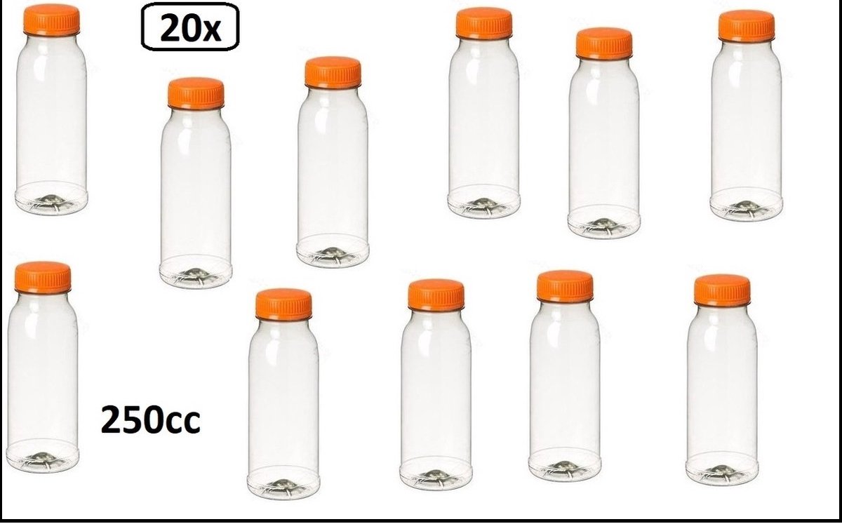 20x Drink flesje PET 250cc met vaste oranje dop - Drinkfles vruchten sap limonade drank festival verjaardag evenement thema feest