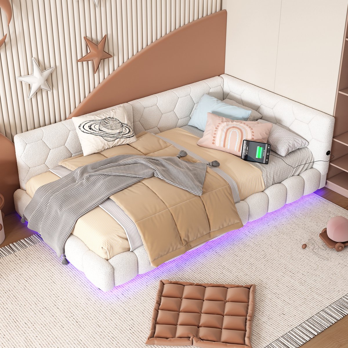 Sweiko Slaapbank, 90*200 cm, met lattenbodem zonder matras, LED-verlichting, opladen via USB +Type-C, wolachtig materiaal, wit