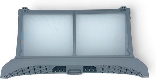 Grijs pluizenfilter met een versterkte, versierde voorkant en twee transparante filterpanelen.