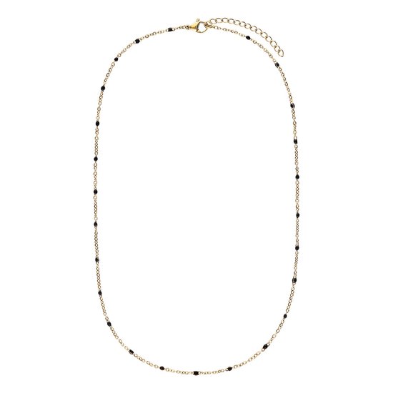 Gouden ketting met kleine zwarte kraaltjes en een verlengkettinkje, op een witte achtergrond.