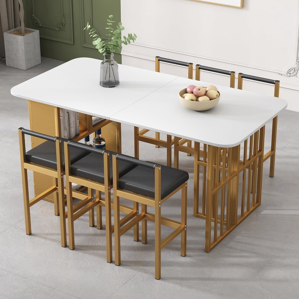 Moderne Eetgroep met Eettafel en 6 Stoelen - Wit en Goud