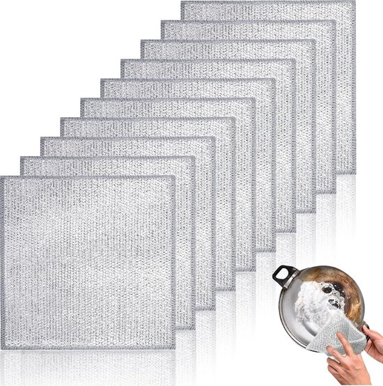 Torchons - Lot de 10 - Torchons en fil d'argent - Tampons à récurer - Réutilisables - Multifonctions - Idéals pour nettoyer les Casseroles et poêles, Cuisinières, plaques de cuisson, fours et grils - Convient aux taches tenaces - 20 x 20 cm