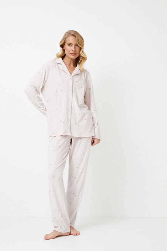 Warme Dames Pyjamaset Ariya–pyjamahemd met lange mouw-knoopsluiting-lange broek met zakken-lichtroze-maat XXL