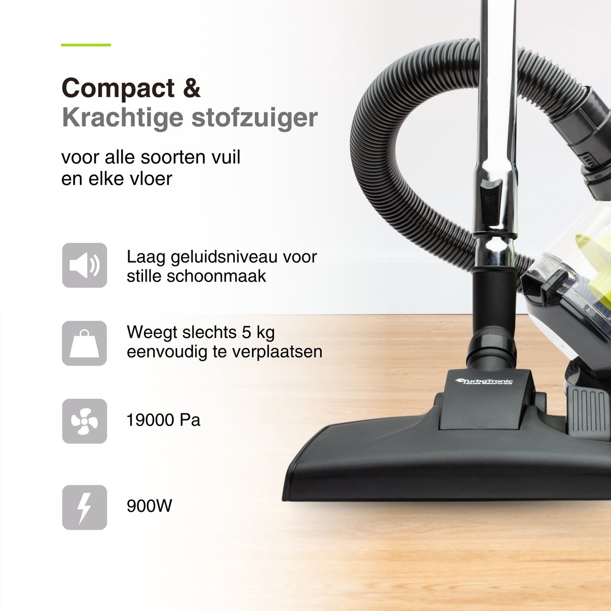 TurboTronic CV07 Stofzuiger zonder zak - Compact Design - Hoge Zuigkracht - Zakloze Stofzuiger - Zwart/Groen – foto 5