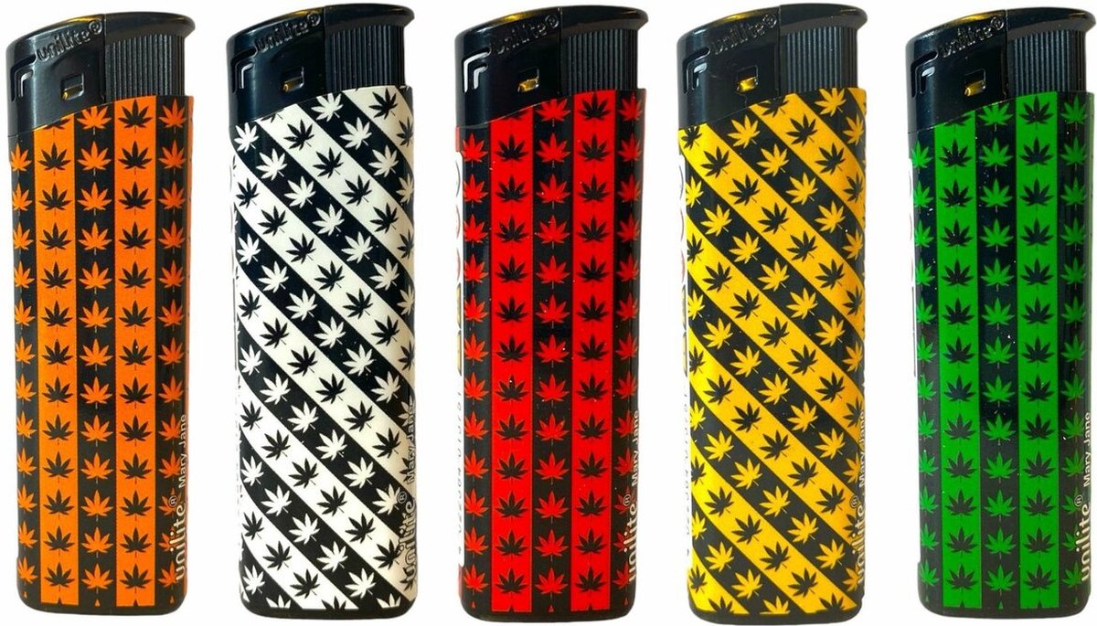 Klik aanstekers - 50 stuks in tray navulbaar- Unilite (high quality) aansteker - met cannabis - weed print
