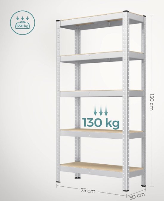 MIRA Home - Stellingkast - Opbergrek - Hout - Zilver - 150x75x30 cm