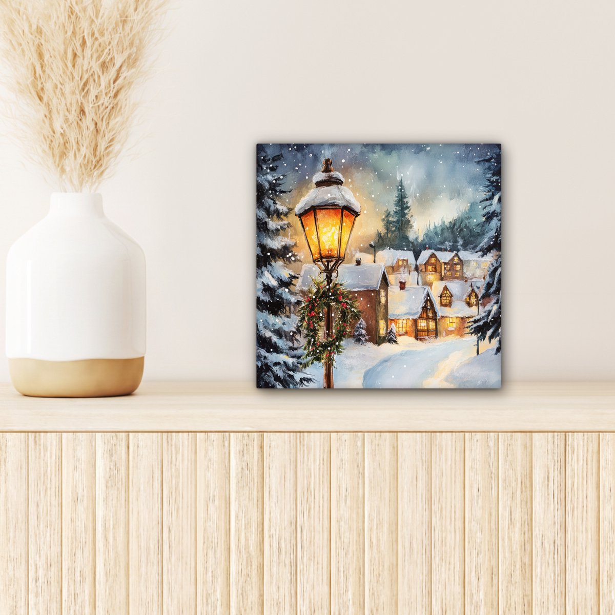 Canvas schilderij 20x20 cm - Wanddecoratie Kerstdorp - Huizen - Sneeuw - Kerst - Muurdecoratie woonkamer - Slaapkamer decoratie - Kamer accessoires - Schilderijen op canvas - Kerstdecoratie voor binnen - Kerstversiering - Kerstmis versiering – foto 2