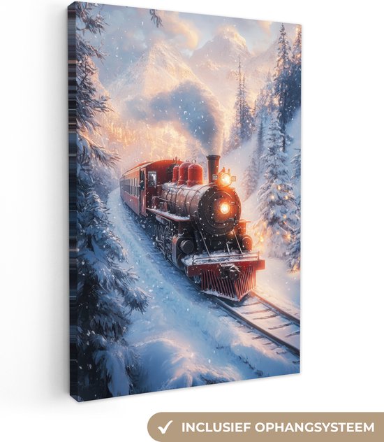 Canvas schilderij 80x120 cm - Wanddecoratie Kersttrein - Sneeuw - Winter - Kerst - Muurdecoratie woonkamer - Slaapkamer decoratie - Kamer accessoires - Schilderijen op canvas - Kerstdecoratie voor binnen - Kerstversiering - Kerstmis versiering